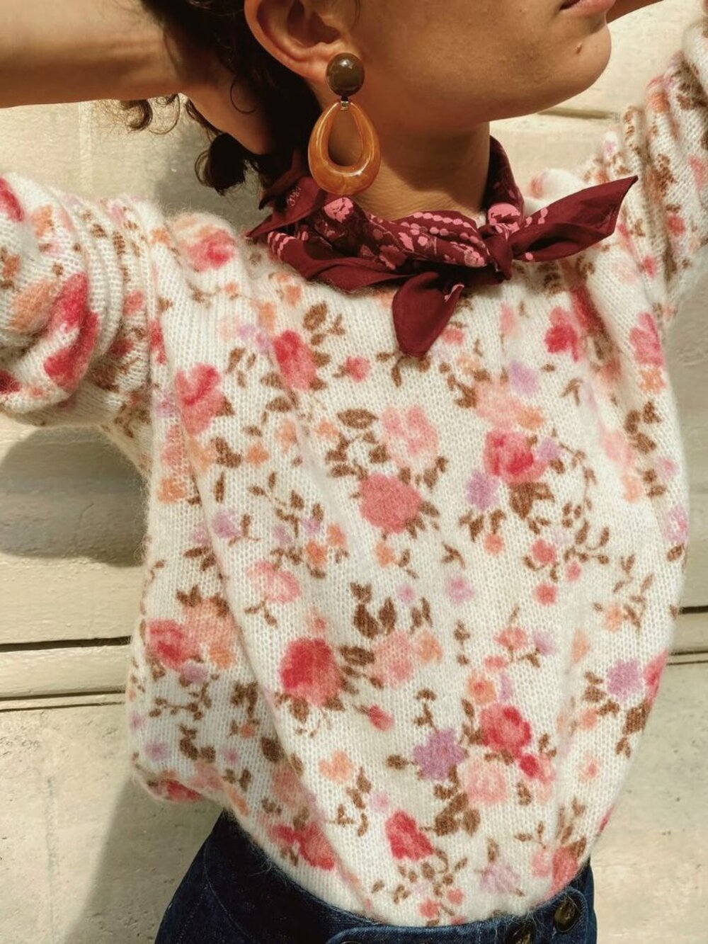 Like New Sezane Daisy Wool Mohair Floral Sweater Ecru Pink Large